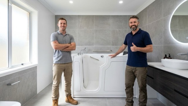 Walk-In Bathroom Tubs Reading PA installer with a customer in their bathroom